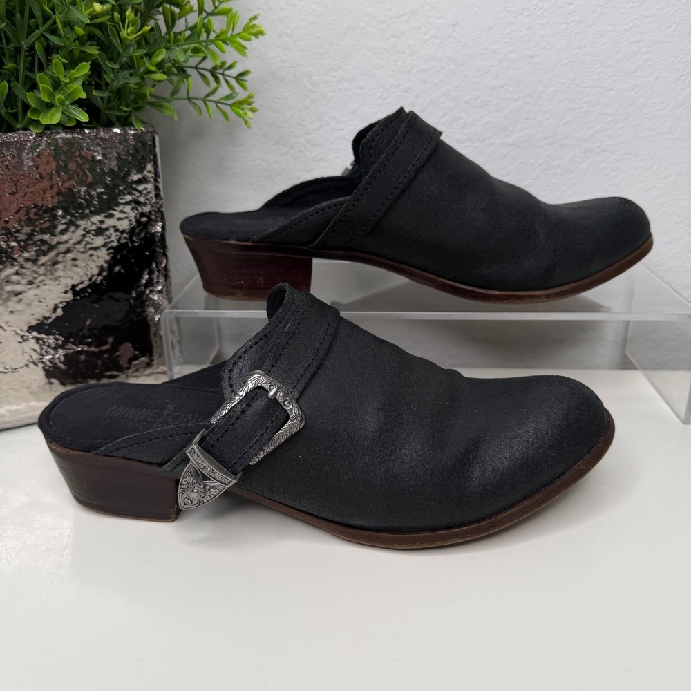 Minnetonka Billie Mules Womens Black Leather Western Buckle Block Heel Boho 9